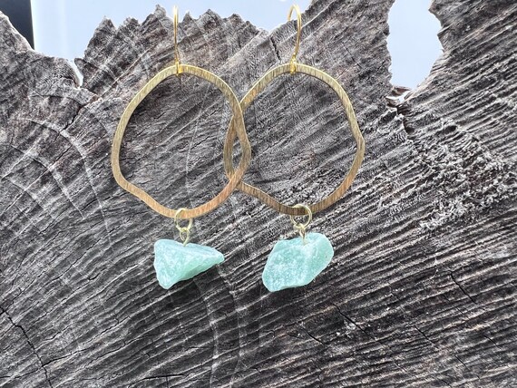 Brass Hoop And Raw Green Calcite Earrings