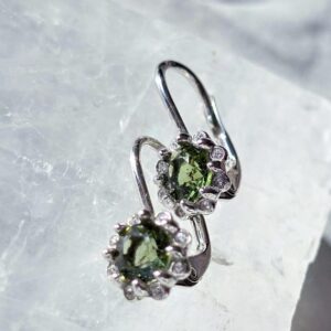 Brilliant cut Moldavite Earrings, Sterling Silver, Czech Meteorite