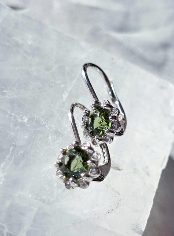 Brilliant Cut Moldavite Earrings, Sterling Silver, Czech Meteorite