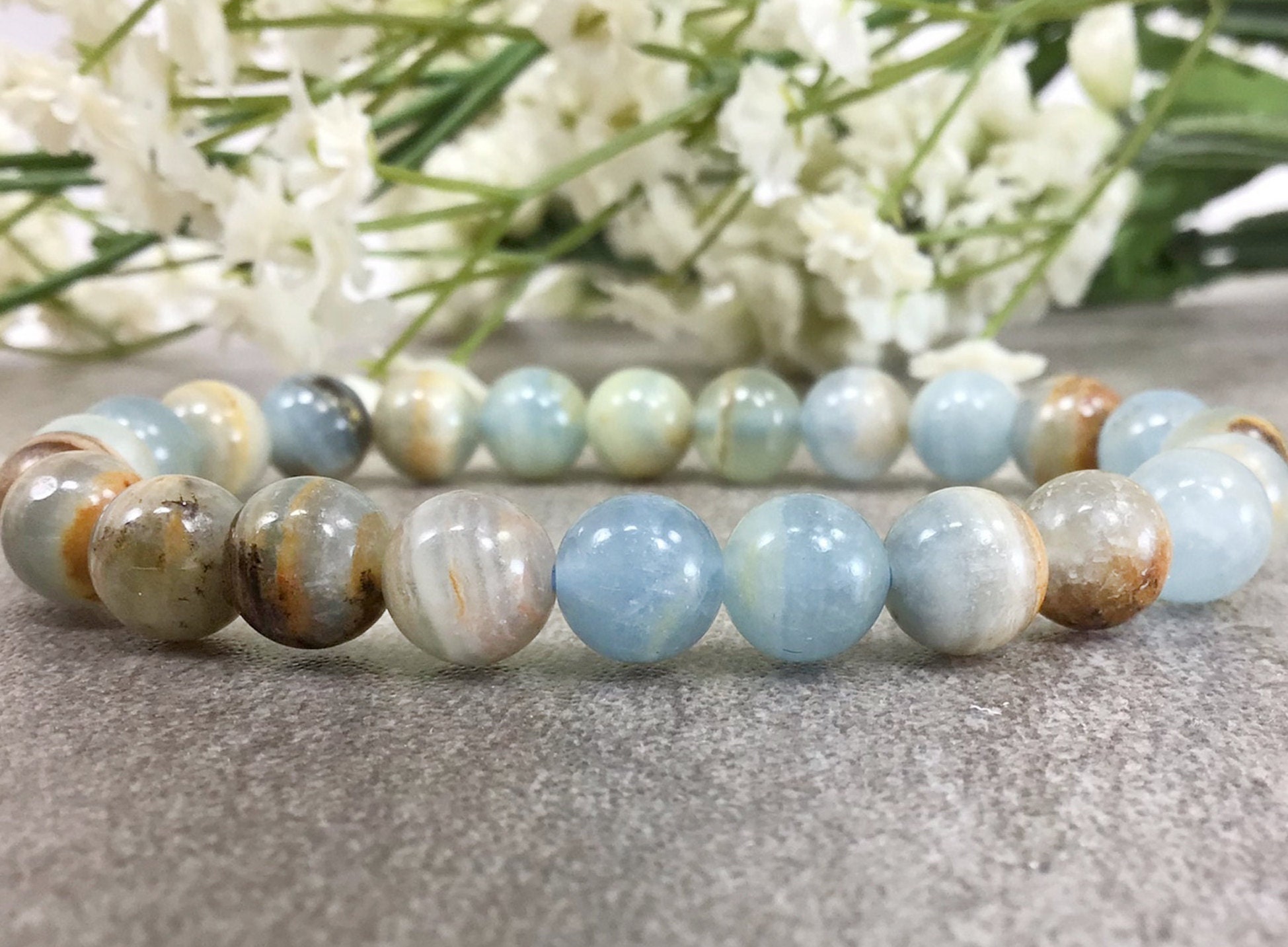 Handmade Blue Lemurian Aquatine Calcite Bracelet, 8mm Beads Natural Argentina Crystal