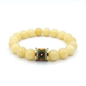 Chic Pastel Yellow Calcite Bead Stretch Bracelet Gold Focal with Dark Green & Orange Beads