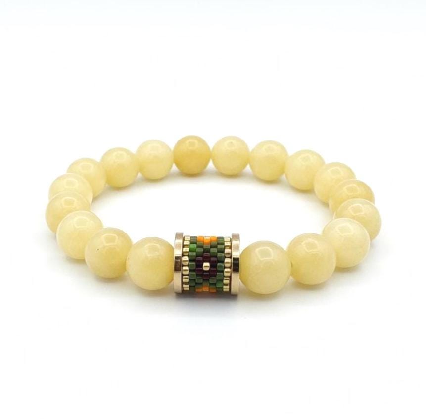 Chic Pastel Yellow Calcite Bead Stretch Bracelet Gold Focal With Dark Green & Orange Beads