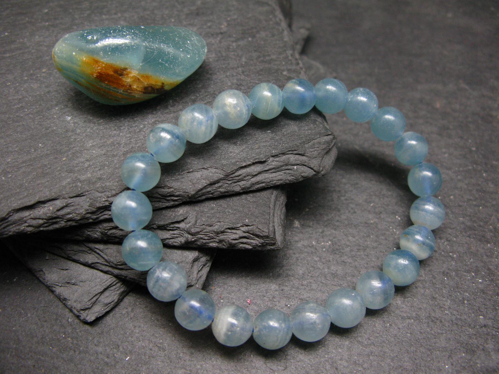 Lemurian Aquatine Calcite Genuine Bracelet ~ 7 Inches  ~ 8mm  Round Beads