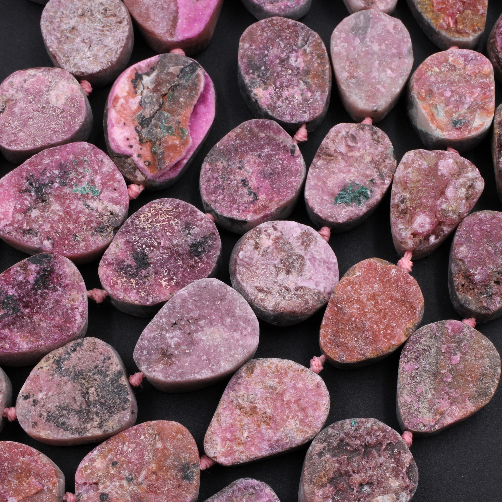 Rare Cobalto Calcite Druzy Bead Center Drilled Freeform Oval Raw Rough Nuggets 15.5" Strand