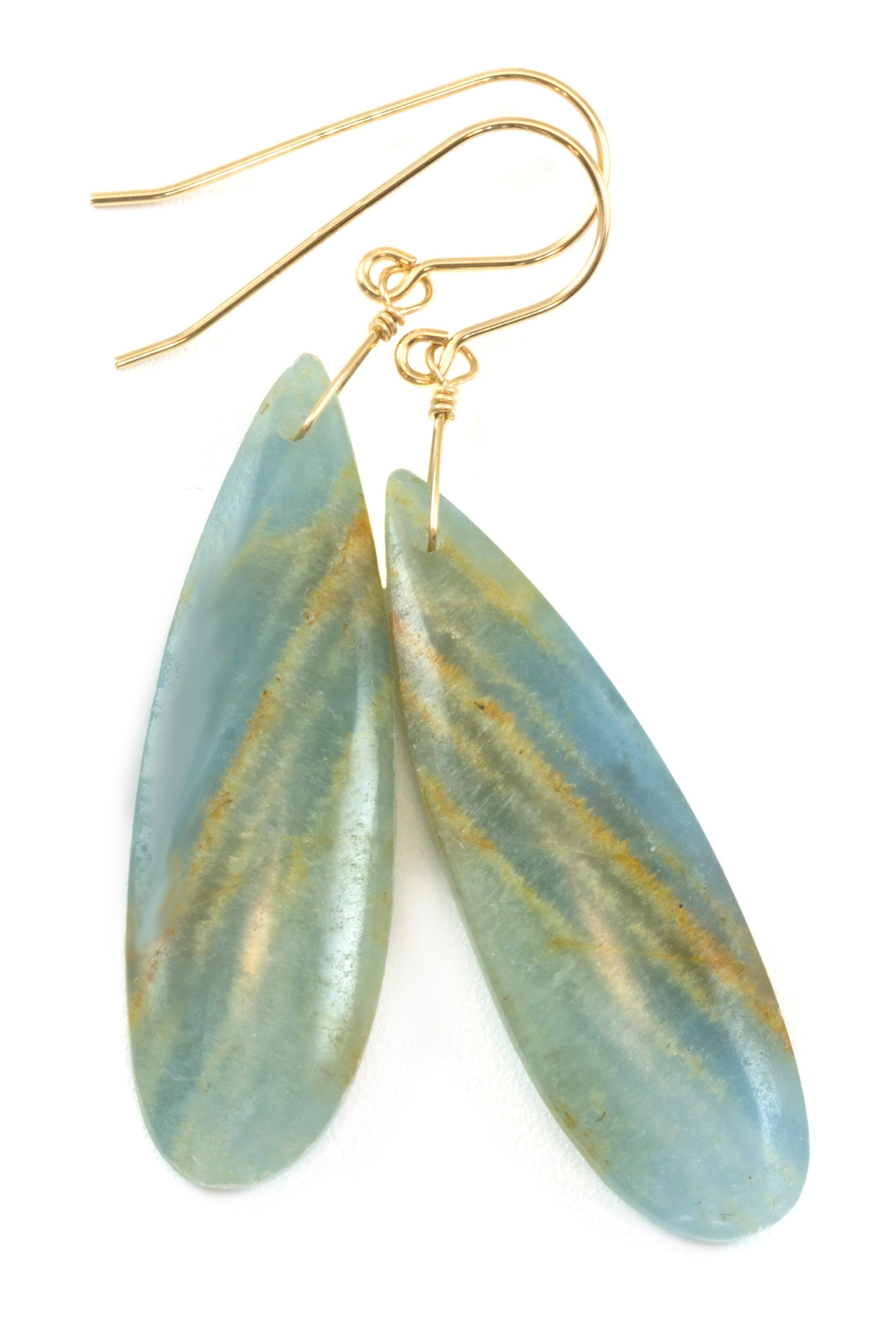 Blue Aqua Calcite Earrings 14k Solid Gold Or Filled Or Sterling Silver Smooth Long Dangle Drops Natural Banding Soft Blue Simple Drop 2.3 In