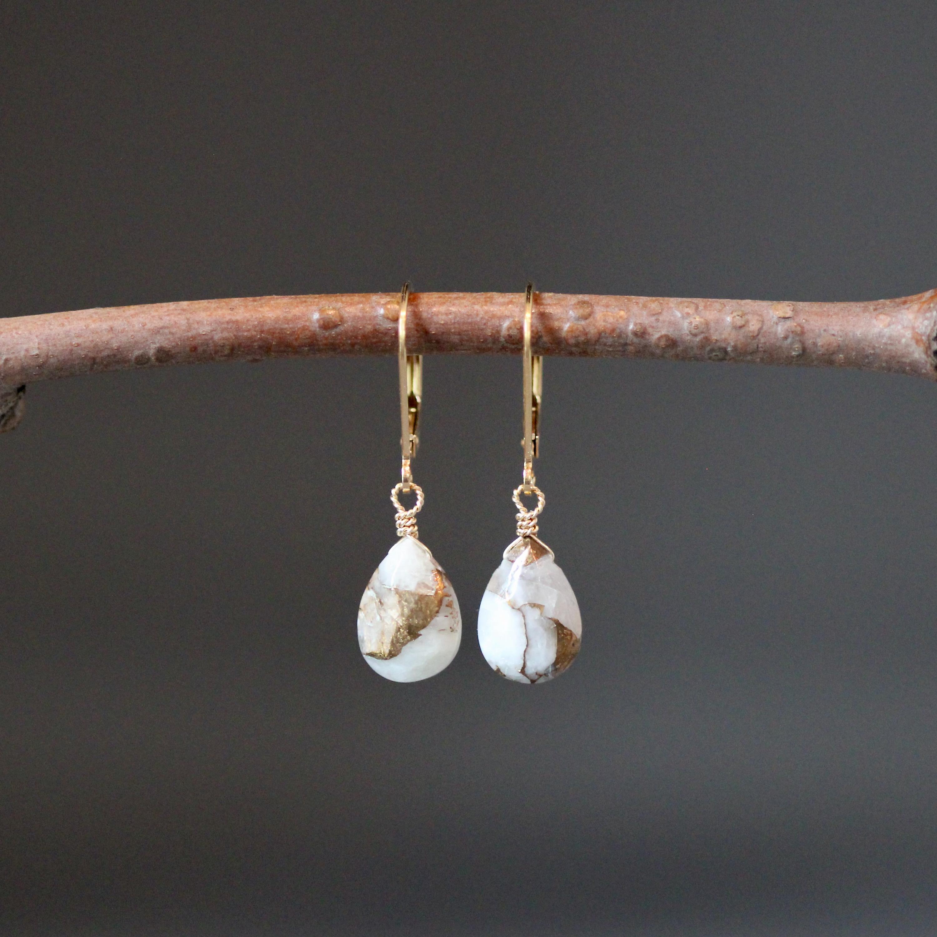 Copper Calcite Earrings - White And Gold Earrings - Gold Hoop Earrings - White Calcite Earrings - Gold Leverback Earrings - Gold Wire Wrap