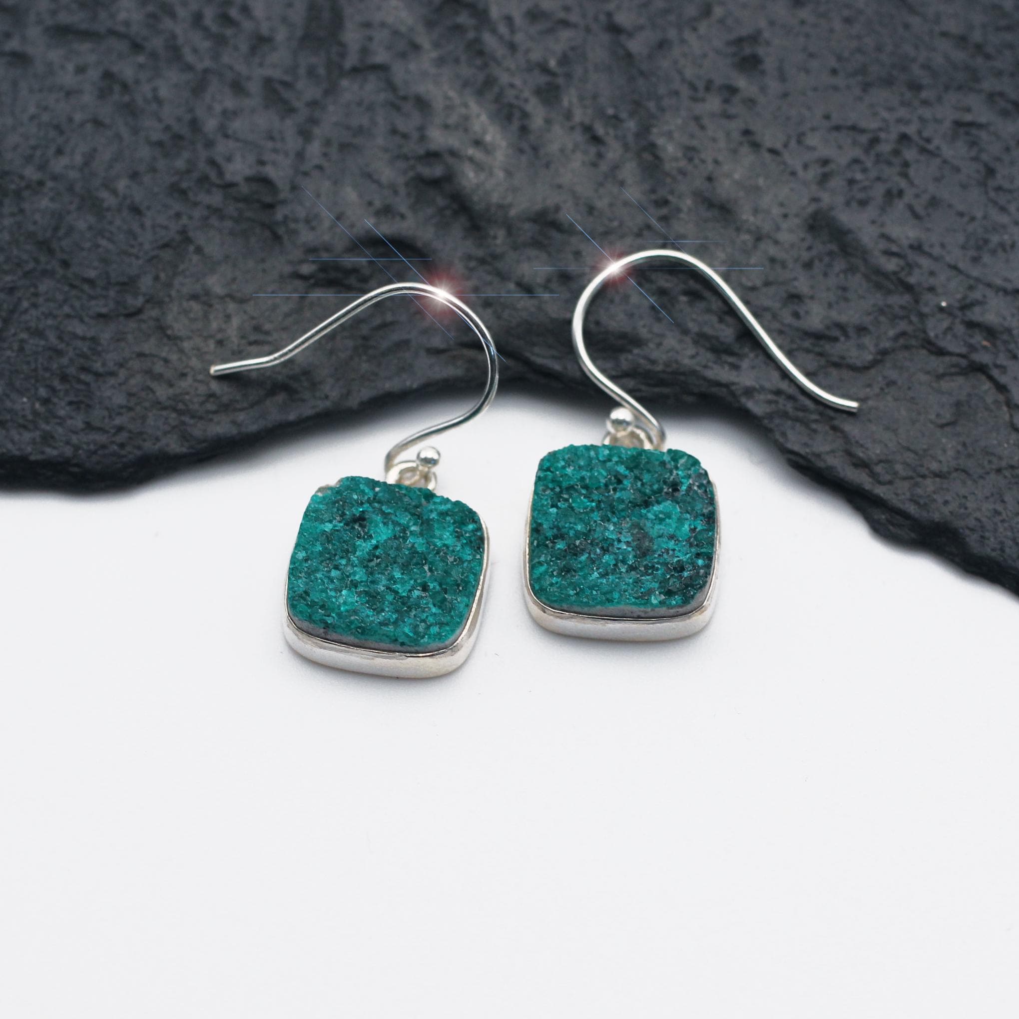 Earth And Sky - Beautiful Natural Teal Chrome Dioptase And Calcite Sterling Silver Earrings