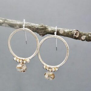 Gemstone Hoops with granulation, Copper Calcite Silver Earrings, Oxidized Metal Jewelry