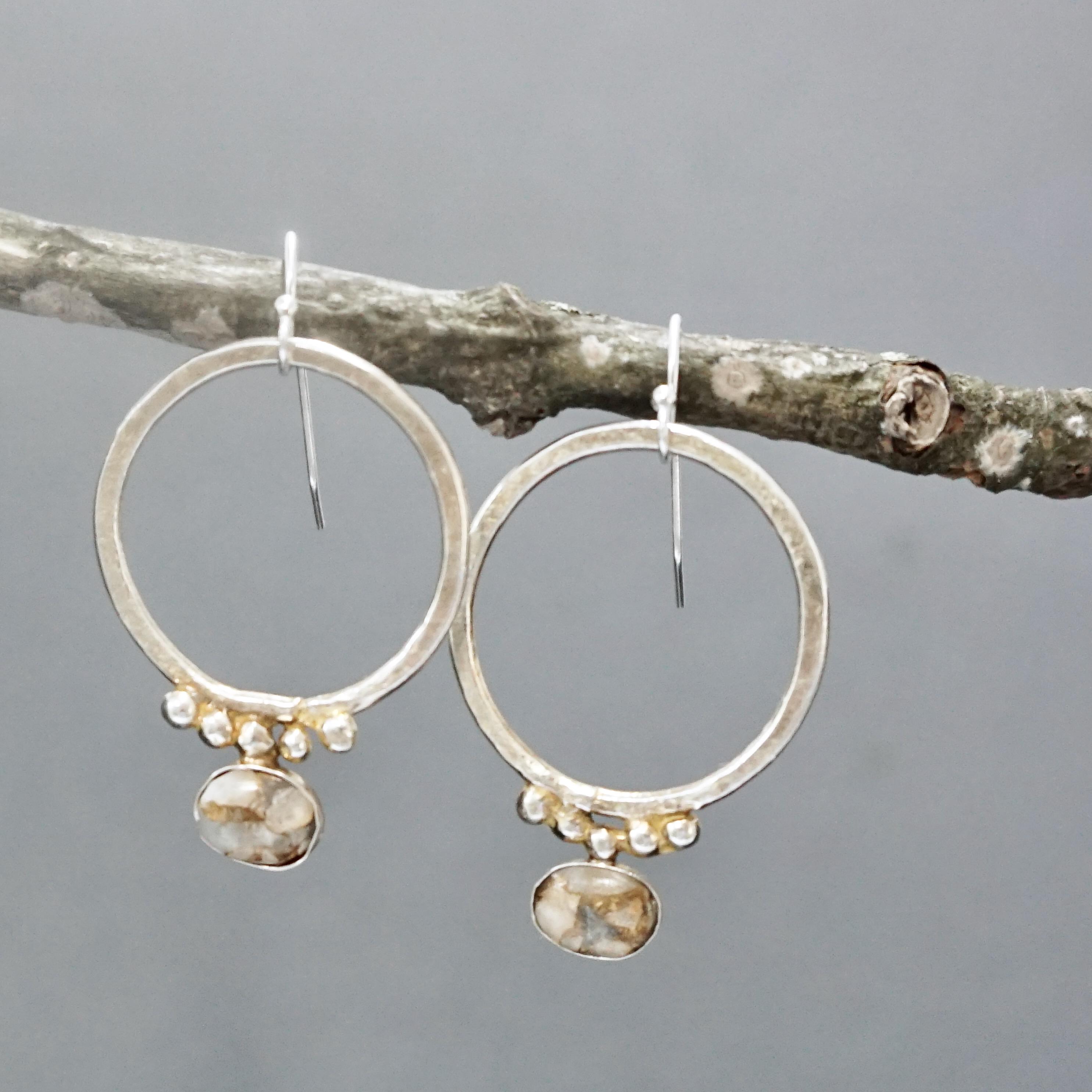Gemstone Hoops With Granulation, Copper Calcite Silver Earrings, Oxidized Metal Jewelry Gemstone Hoops With Granulation, Copper Calcite Silver Earrings, Oxidized Metal Jewelry