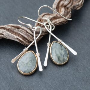 Hammered Silver & Grey Calcite Earrings, Gold Bezel Set Dangles, 925 Sterling Silver French Ear Wires, Wire Wrapped Mixed Metal Earrings