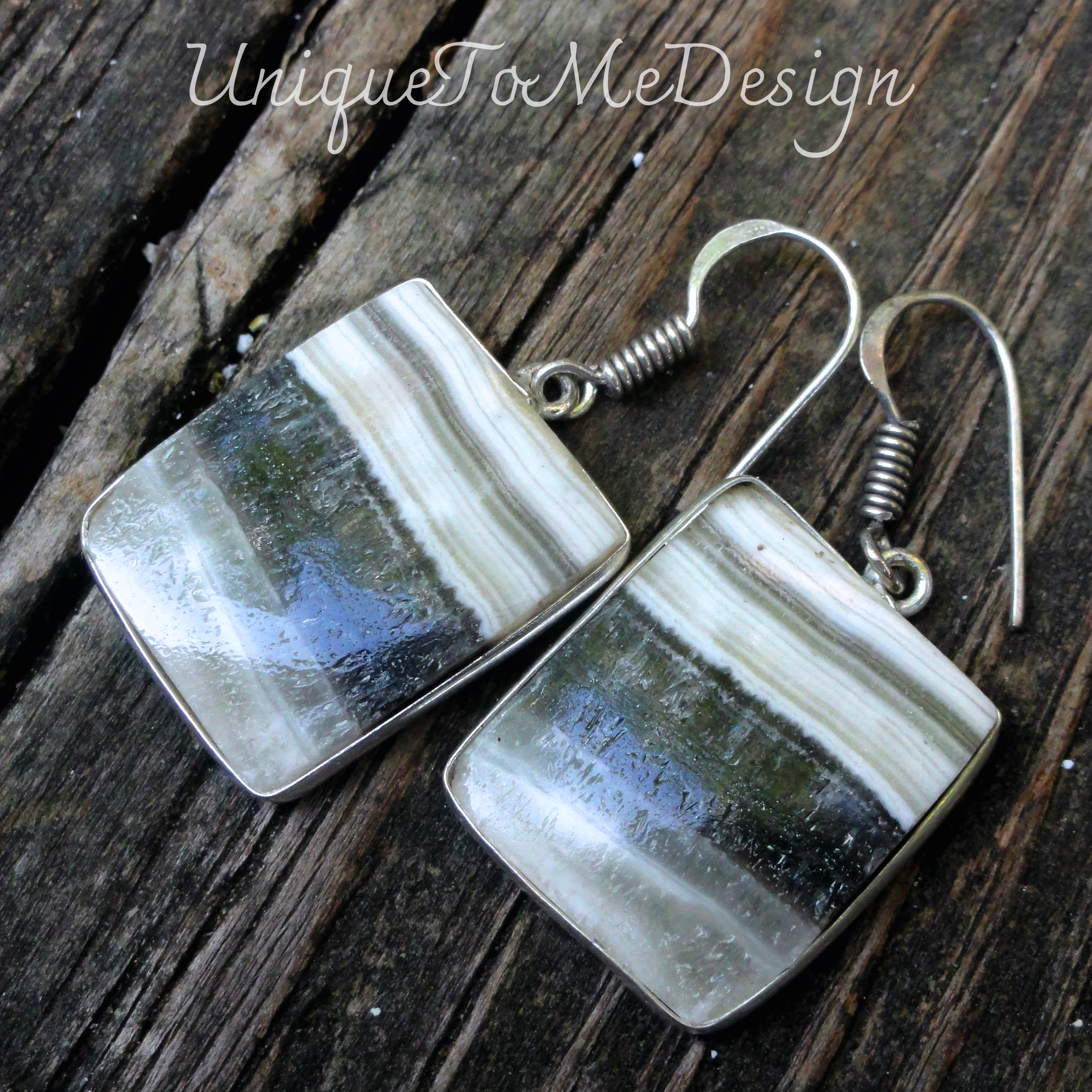 Handmade Sterling Silver Zebra Calcite Earrings: Natural Stone Squares