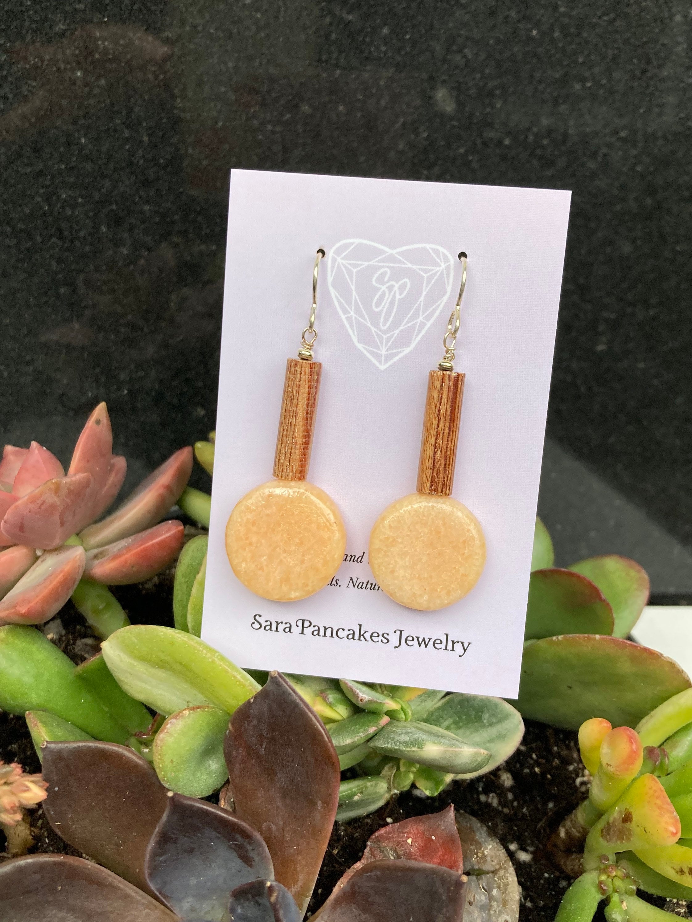 Natural Peach Calcite With Natural Wood In Sterling Silver Earrings ~hand Made