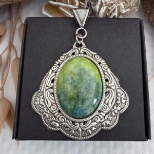 Calcite Green Gemstone Pendant : Sterling Silver Plated Filigree Base