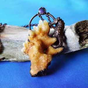 Copper Seahorse Necklace, Orange Cave Calcite Cluster, Handmade Mermaid Necklace, Crystals From Caves, Inspired By The Little Mermaid