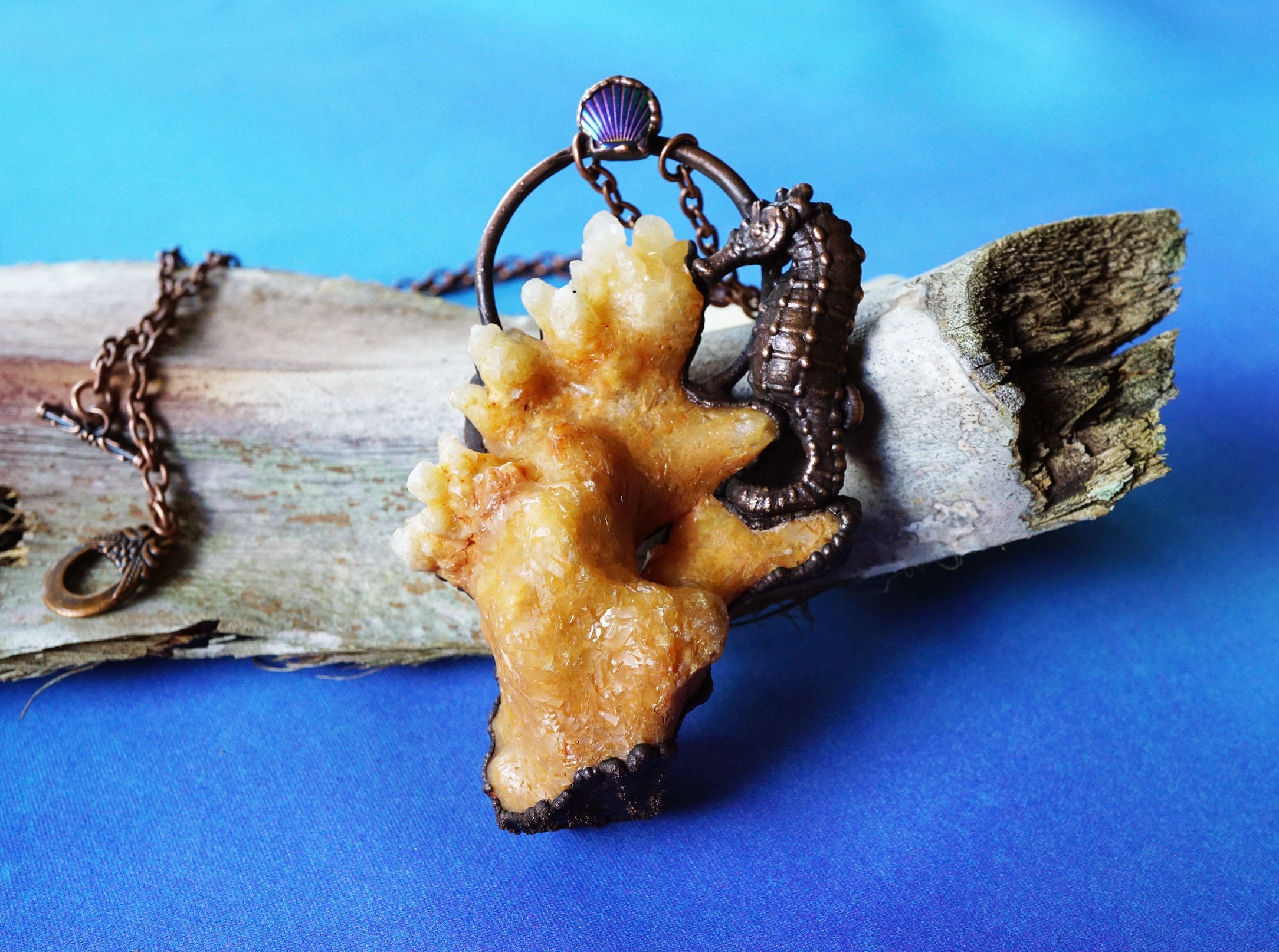 Copper Seahorse Necklace, Orange Cave Calcite Cluster, Handmade Mermaid Necklace, Crystals From Caves, Inspired By The Little Mermaid