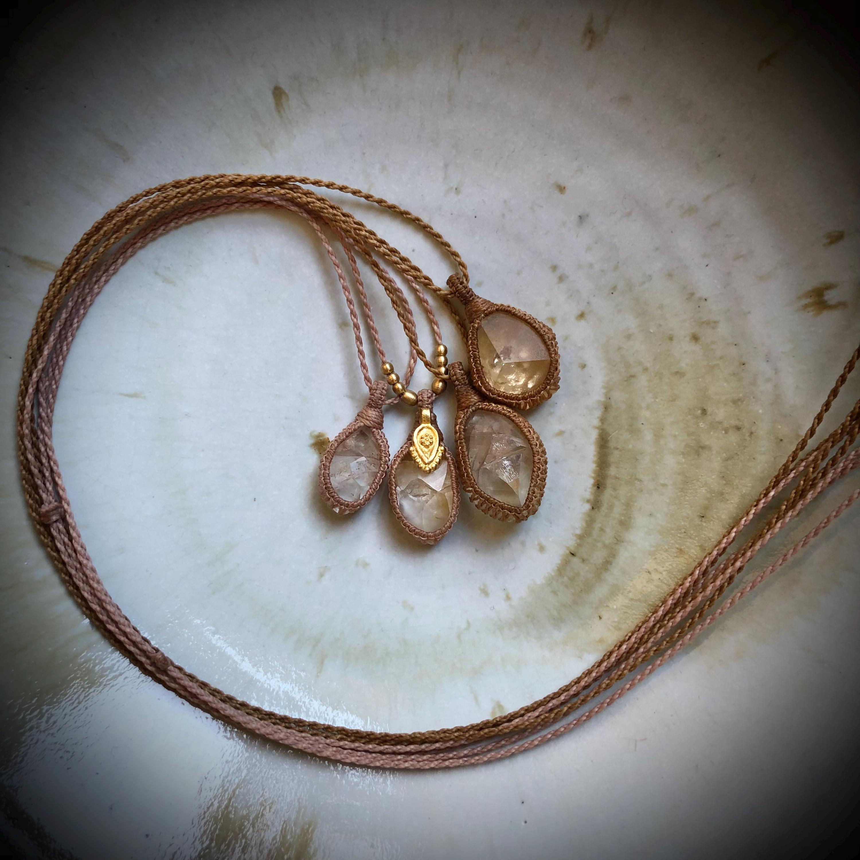 Calcite Crystal Macrame Necklace, Soft And Warm Energy, Ethical Sourced Gemstone, Handmined Crystal, Clear Calcite, Brass Beads And Charms
