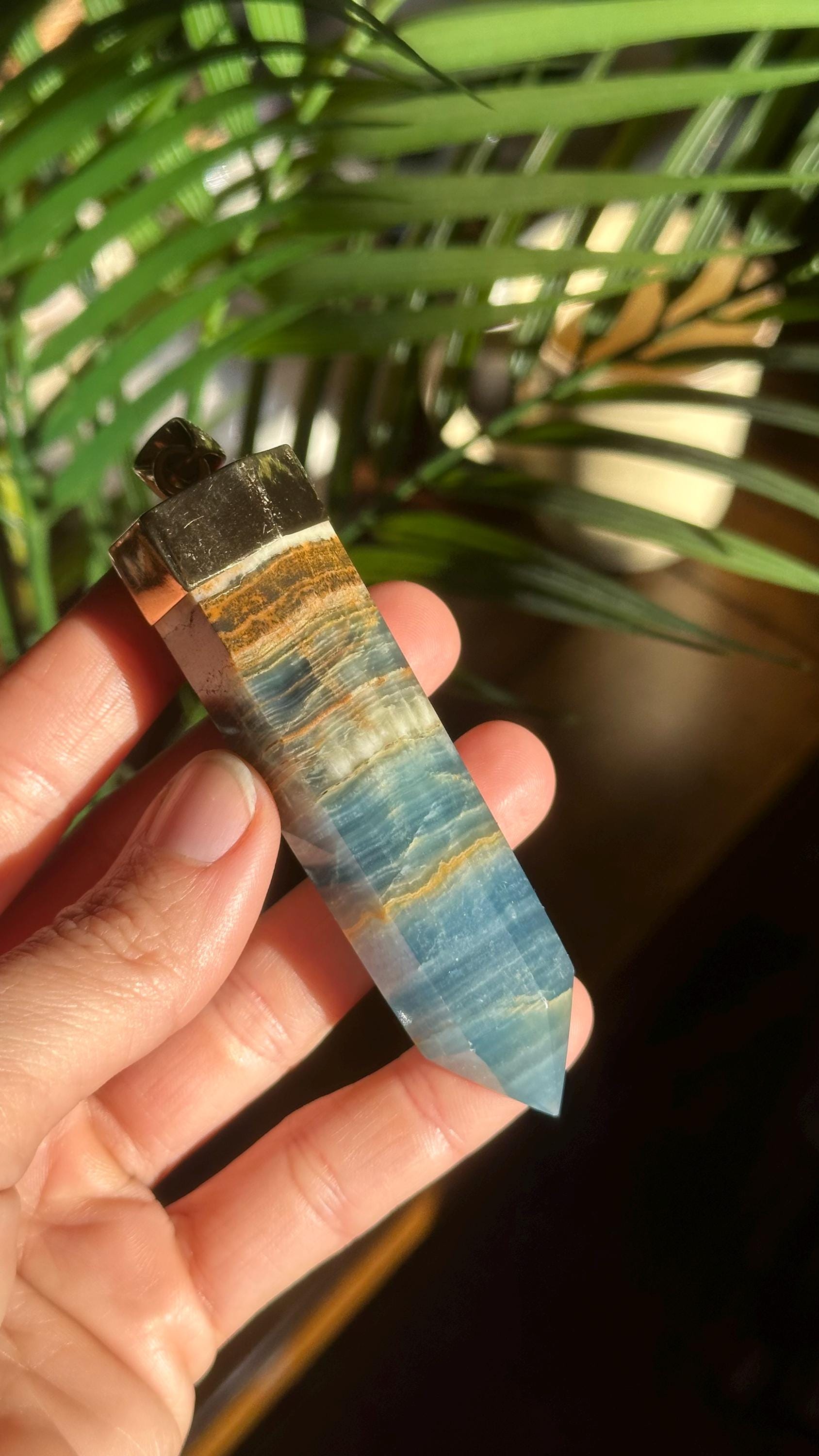 Large Statement Aquatine Lemurian Calcite Tower Necklace. Gold Plated .925 Sterling Silver
