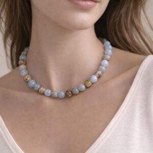 Lemurian Aquatine Calcite Necklace: 18k Gold Filled Clasp/Beads, 8mm Smooth Round Cut Calcite Beaded Natural Gemstone Necklace Lemurian Aquatine Calcite Necklace: 18k Gold Filled Clasp/Beads, 8mm Smooth Round Cut Calcite Beaded Natural Gemstone Necklace