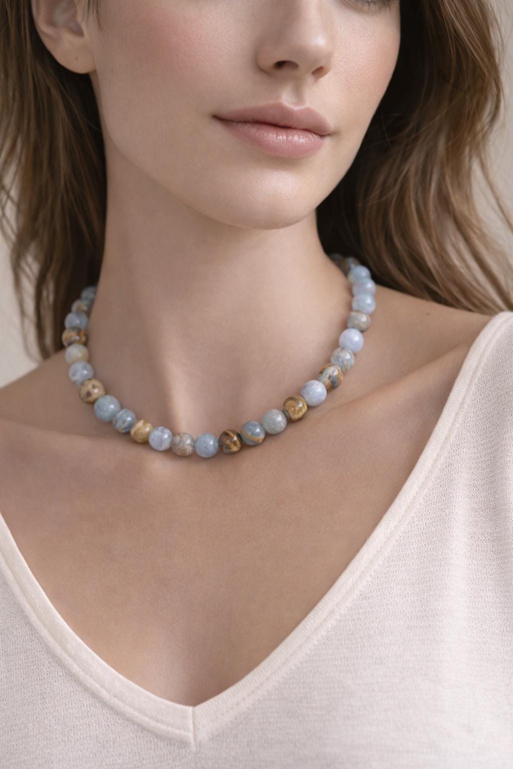Lemurian Aquatine Calcite Necklace: 18k Gold Filled Clasp/beads, 8mm Smooth Round Cut Calcite Beaded Natural Gemstone Necklace