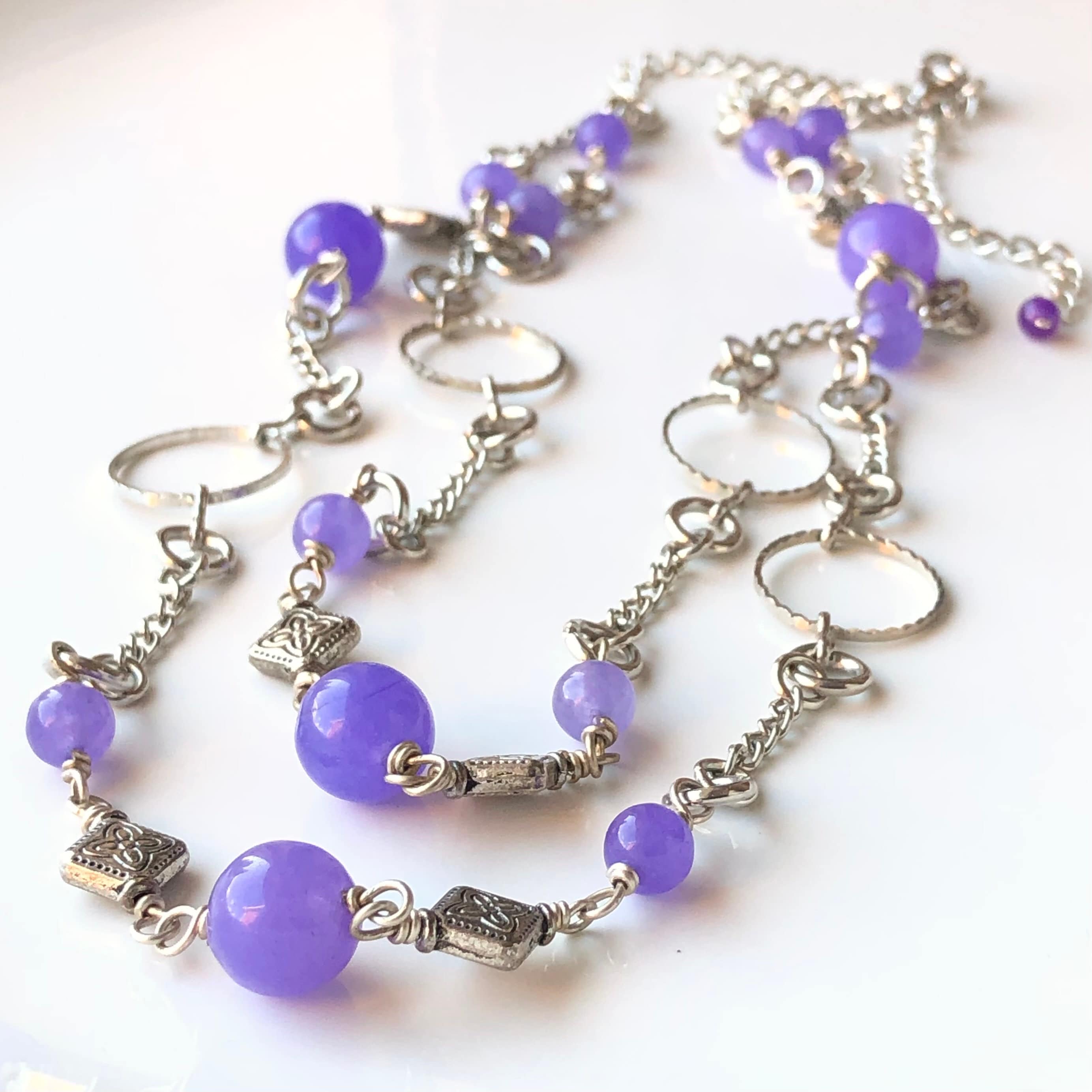 Purple Calcite Necklace With Silver Accents Natural Stone Bib Boho Statement Double Strand Choker Birthday Holiday Gift For Her 7168