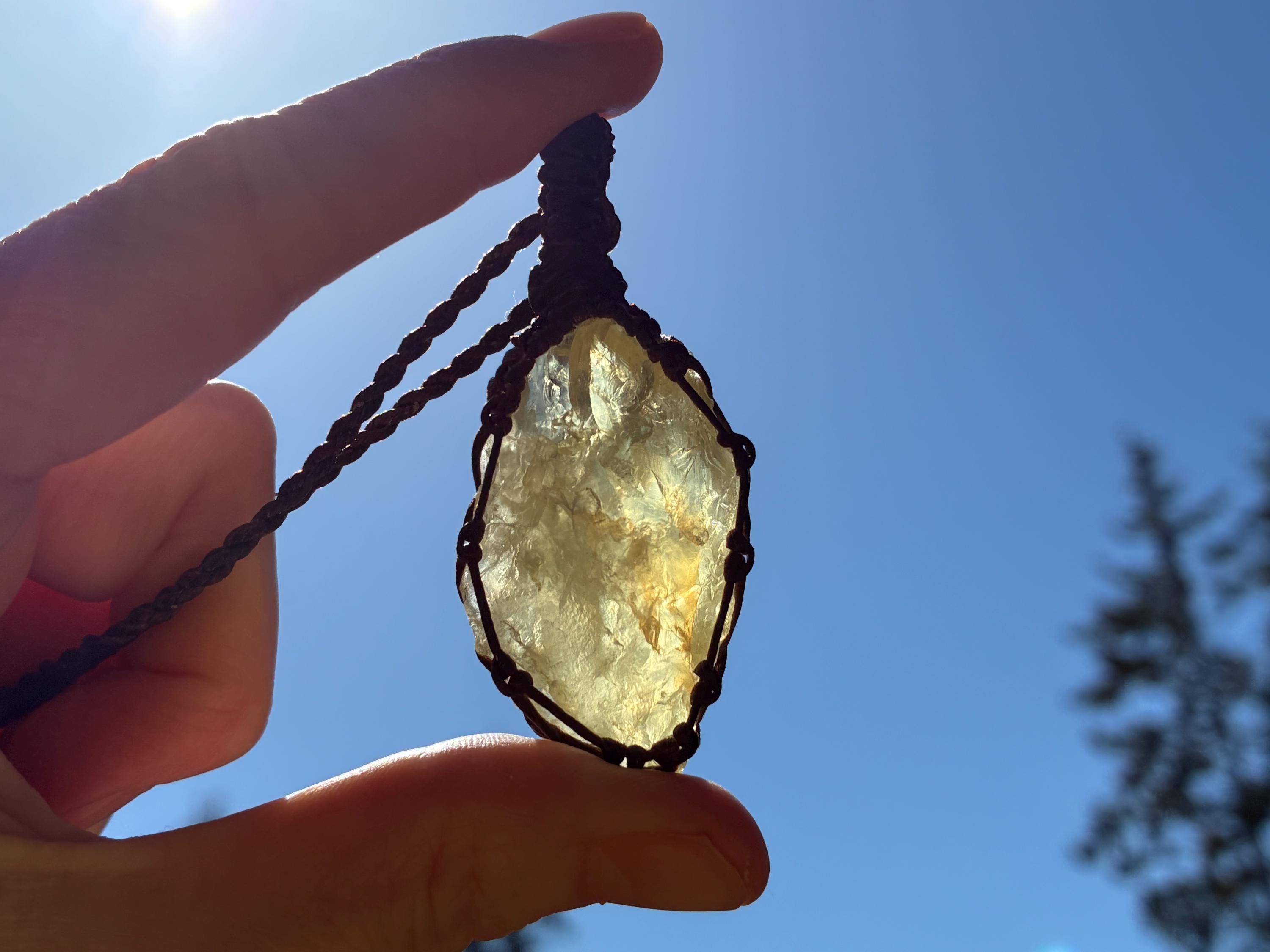 Raw Yellow Calcite Macrame Necklace: Hand-knotted Adjustable Cord