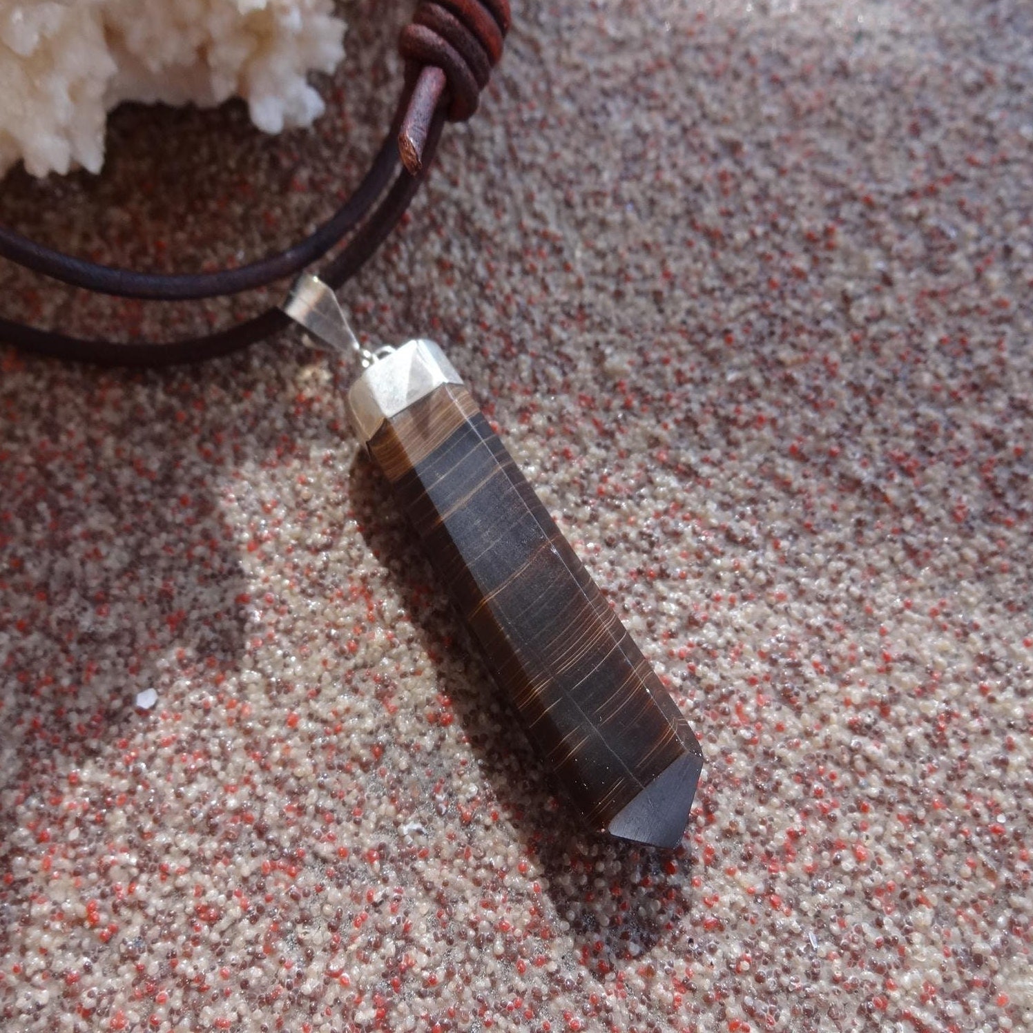 Chocolate Calcite Protection Adjustable Leather Cord Choker Necklace, Crystal Stone Pendant, Solar-plexus Chakra, Stone Pendant