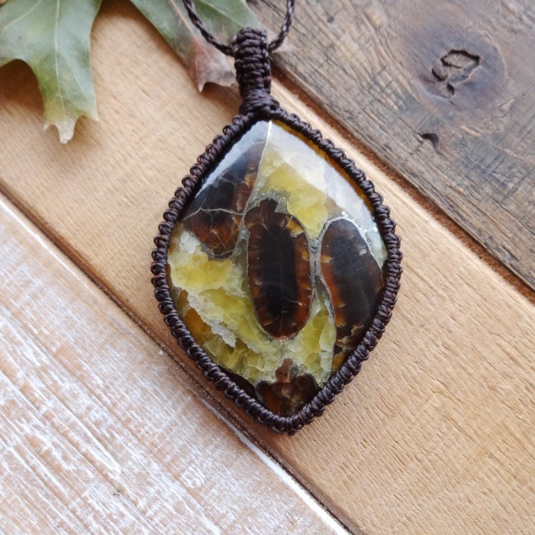 Large Simbircite Stone Pendant, Healing Anniversary Gift Idea, Gemstone Pendants, Yellow Stone Macrame Necklace, Calcite Macrame Pendant