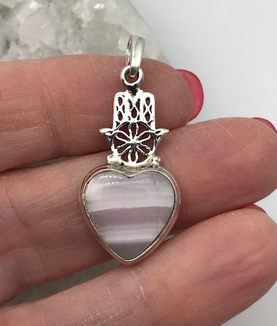 Petite Heart Pink Mangano Calcite-hamsa Hand Pendant