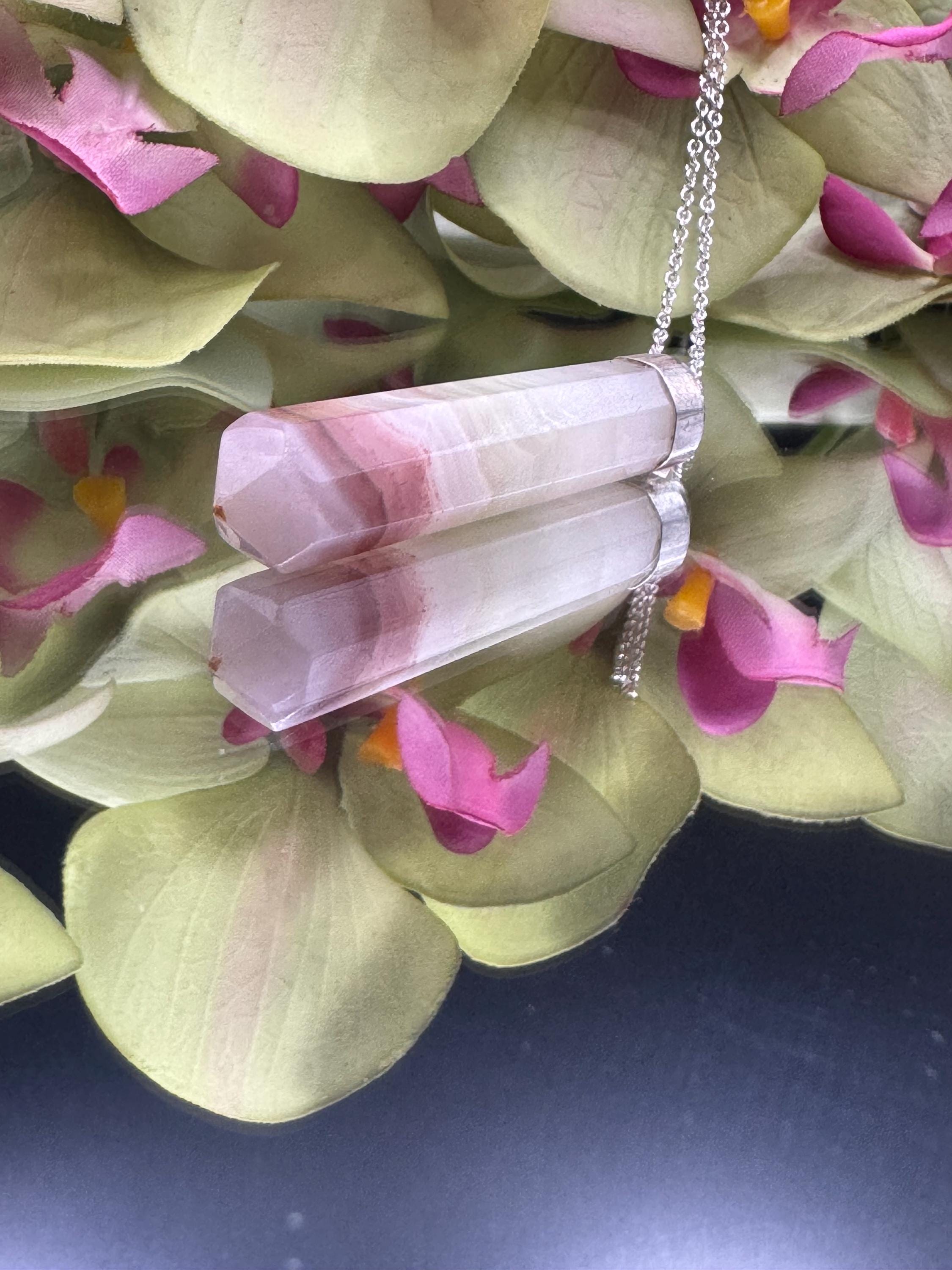 Pink And Green Banded Calcite Pendant With 20 Inch 925 Silver Necklace, Gifts