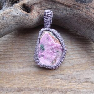 Pink Cobalto Calcite necklace, Heart Chakra druzy geode pendant, raw stone macrame pendant