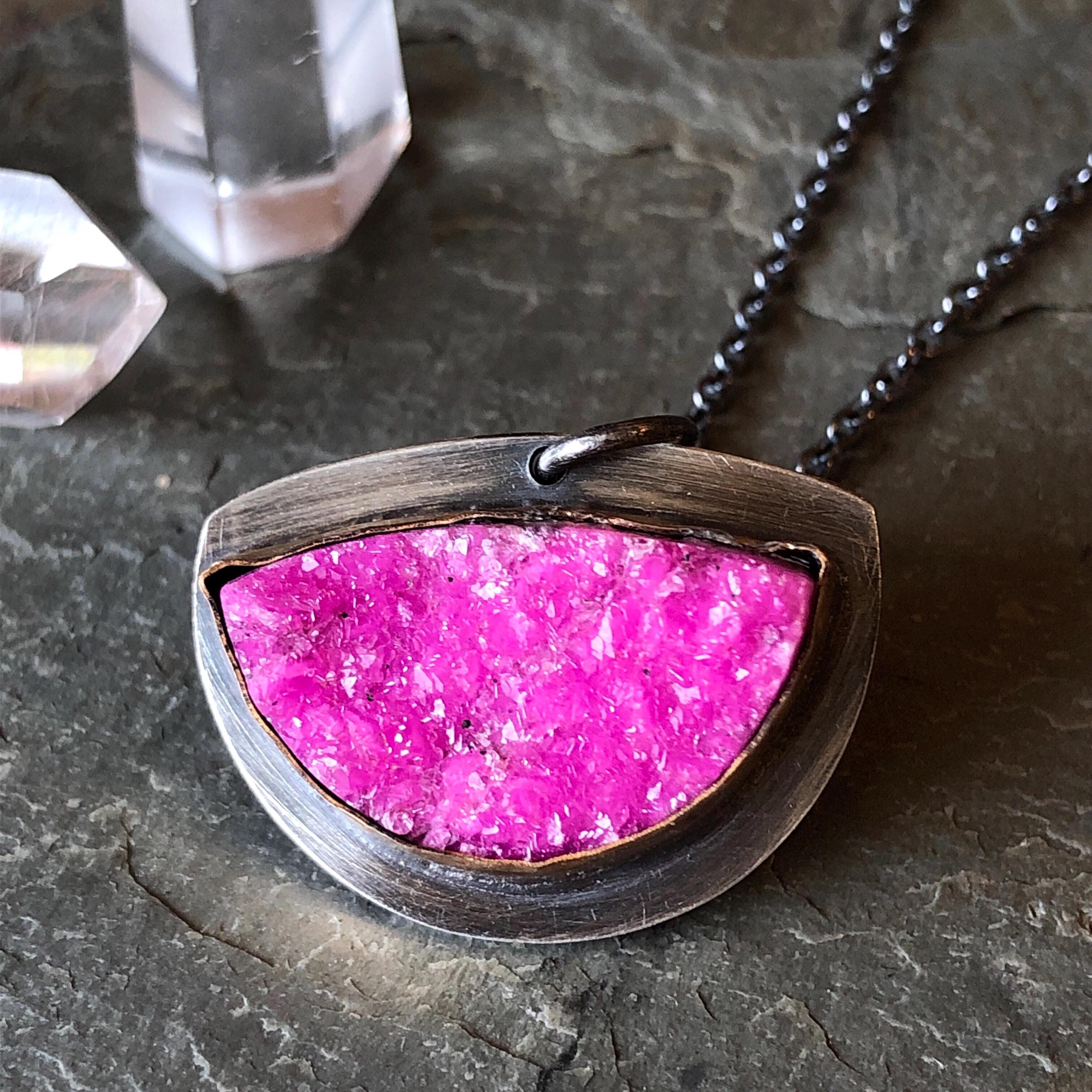 Stunning Pink Cobalto Calcite Necklace, Oxidized Silver, Boho Druzy Gemstone Pendant, Natural Stone Jewelry