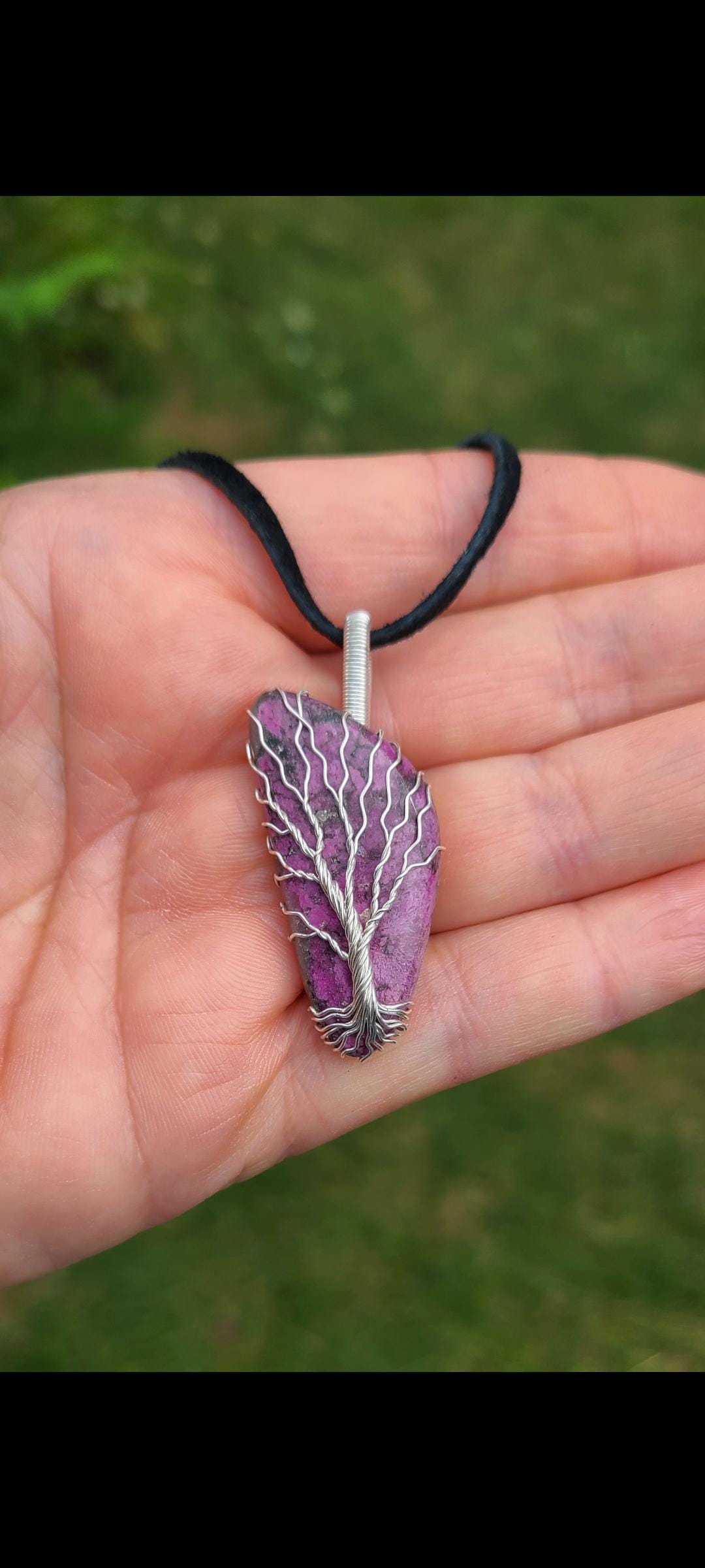 Pink Cobalto Calcite Pendant, Wrapped With A Modified Tree Of Life, In Sterling Silver Pink Cobalto Calcite Pendant, Wrapped With A Modified Tree Of Life, In Sterling Silver