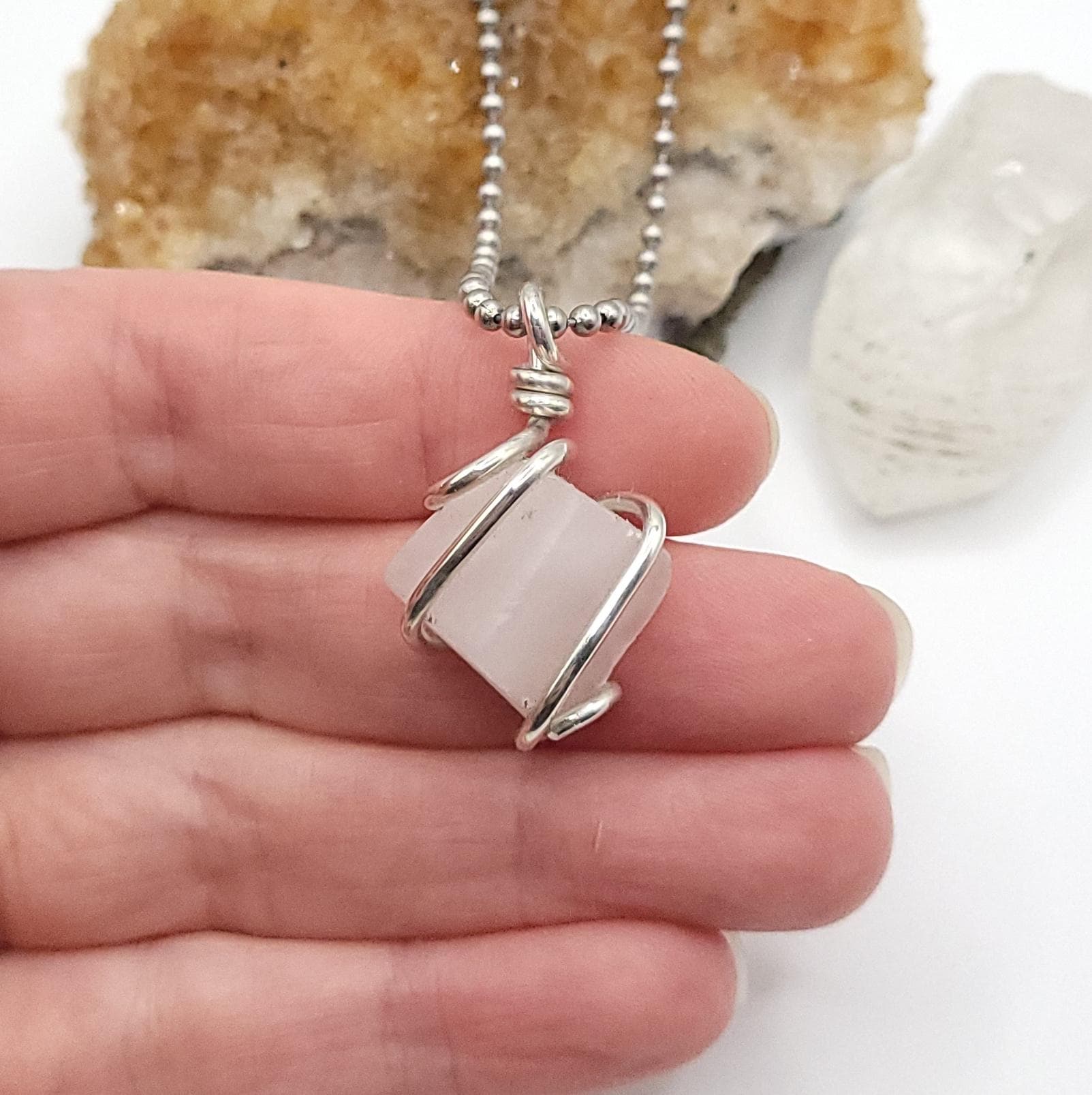 Pink Mangano Calcite Necklace In Silver | Crystal For Love, Emotional Healing & Heart Chakra | Gift For Calm And Self Love Pink Mangano Calcite Necklace In Silver | Crystal For Love, Emotional Healing & Heart Chakra | Gift For Calm And Self Love