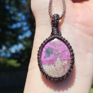 Raw Pink Cobalt Calcite Necklace: Macrame Pendant