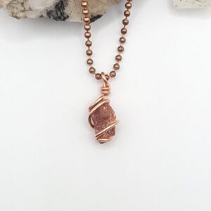 Red Calcite Necklace, Copper Wire Wrapped Red Calcite Pendant