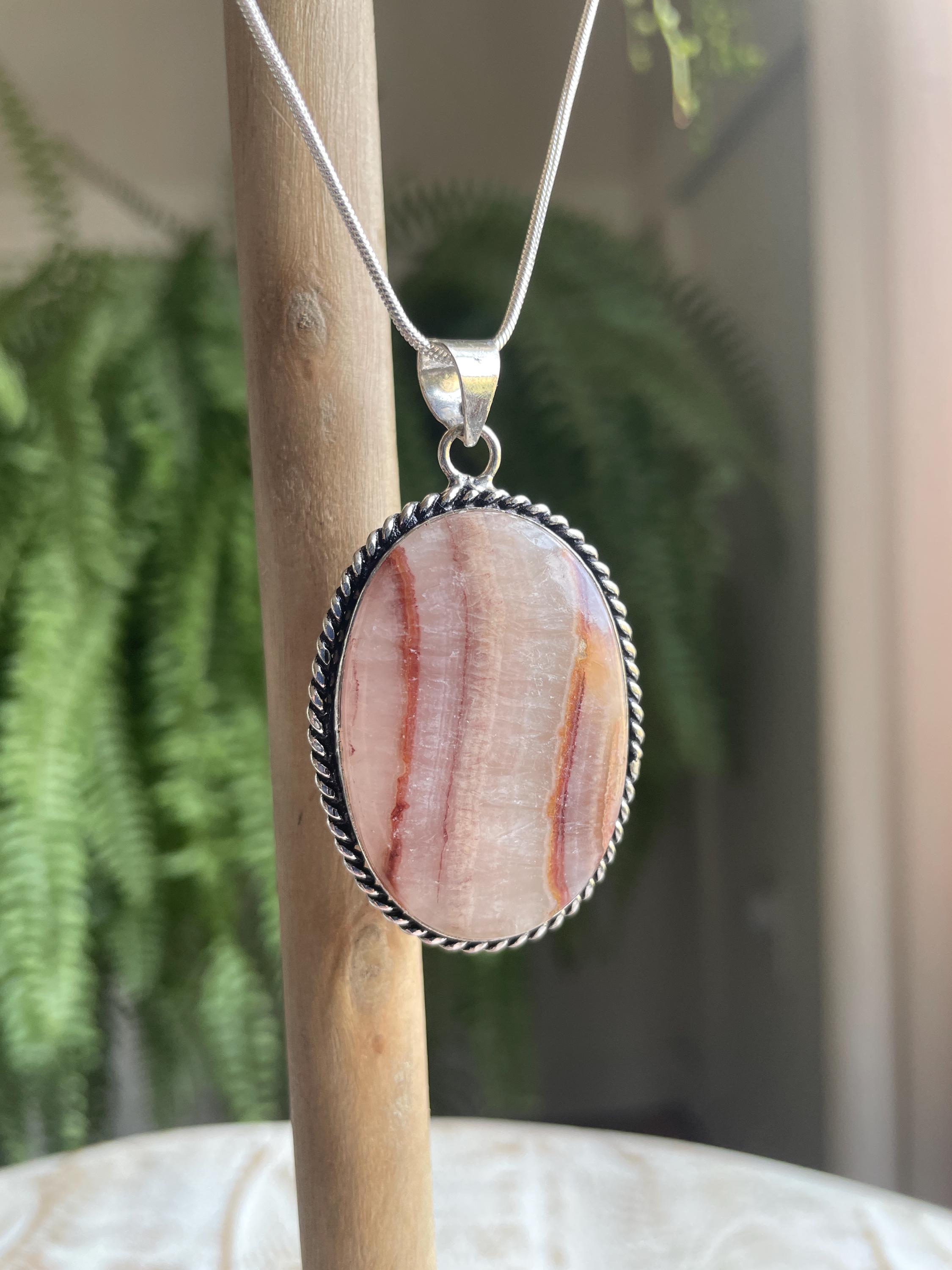 Serling Silver Orange Lace Calcite Oval Pendant Serling Silver Orange Lace Calcite Oval Pendant