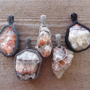 Three colored Calcite pendant, Rainbow Calcite rough macrame pendant, Red Calcite raw crystal necklace, large banded Calcite jewelry