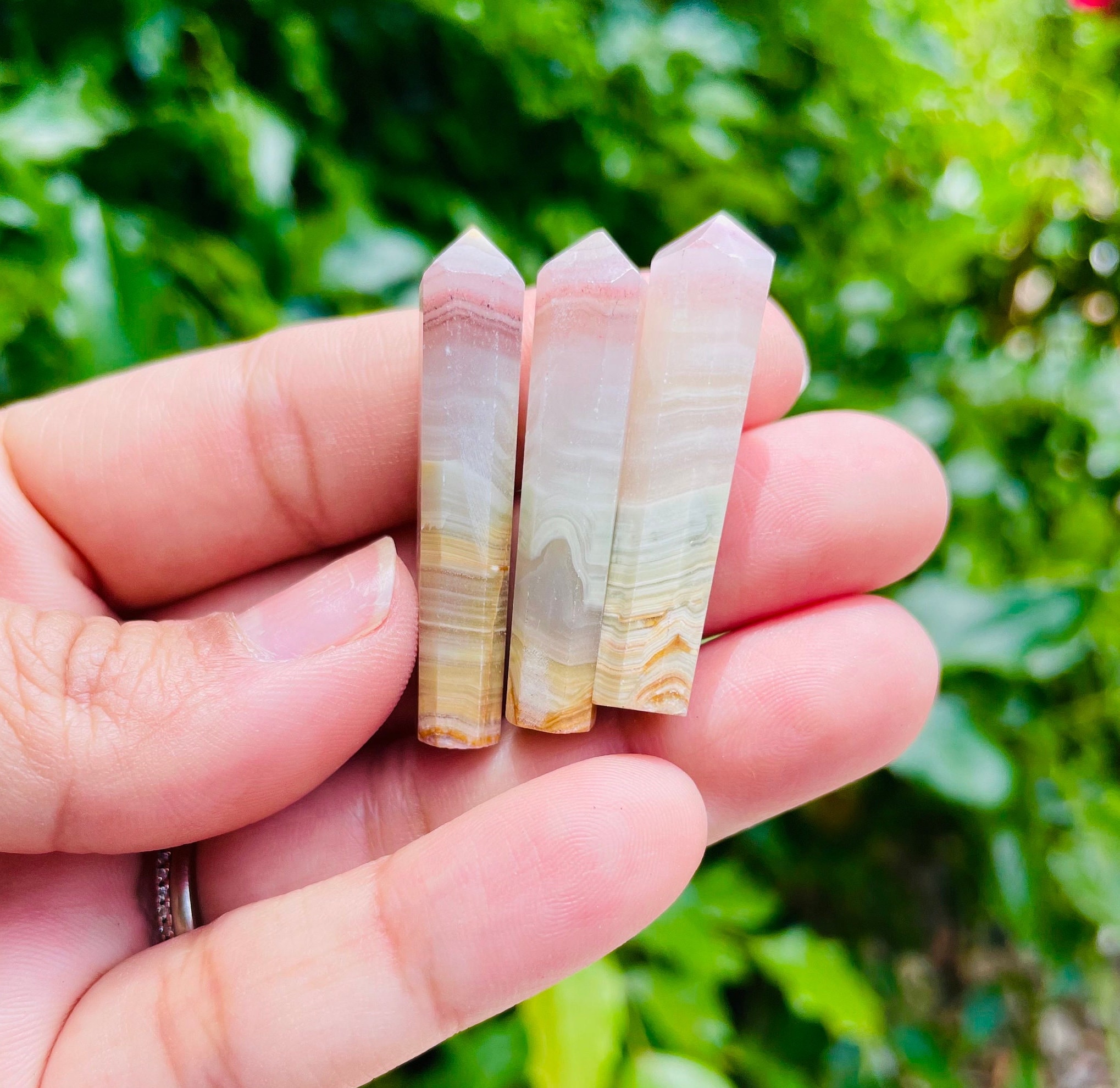 Banded Watermelon Calcite Point: Faceted Pink Green Stone (33-42 Mm)