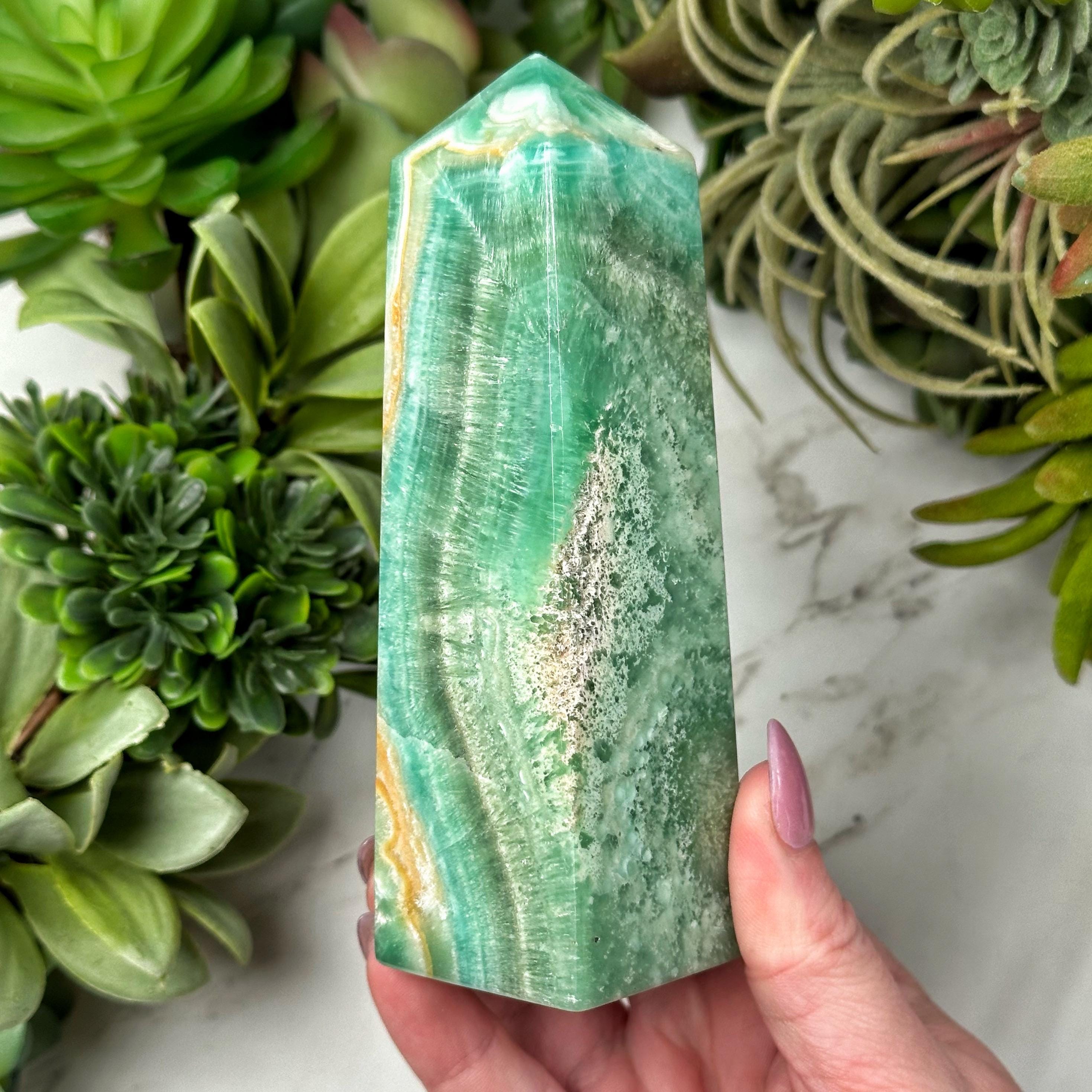 Kiwi Calcite Tower | 340g | - #2 (polished Green Crystal Point, Heart Chakra, Healing Stone, Love)