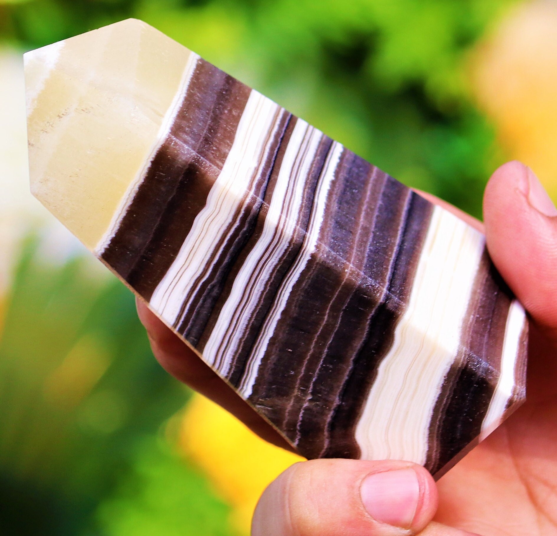 Yellow Zebra Calcite Crystal Obelisk: Reiki Charged Healing Tower (105mm)