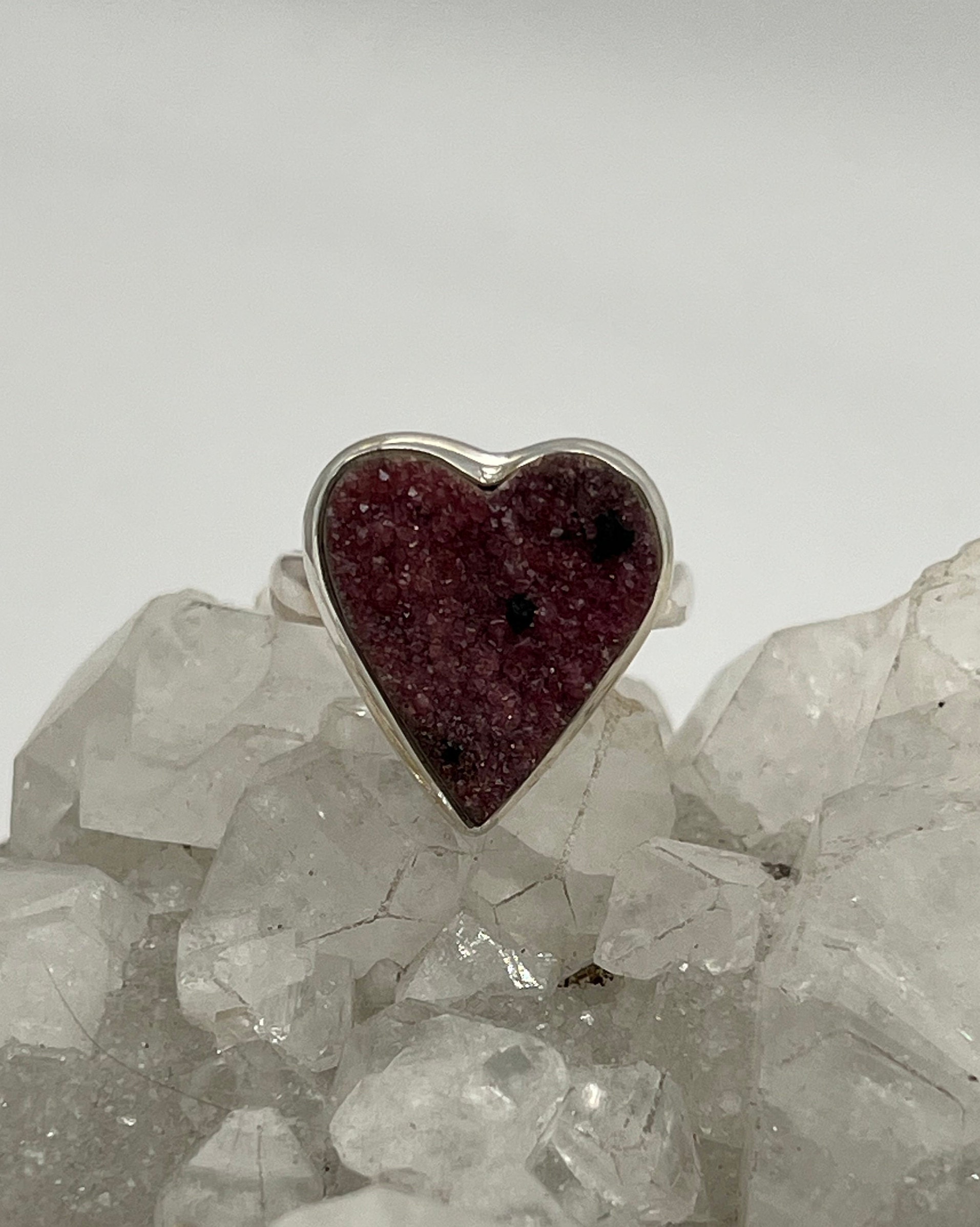 Pink Cobalto Calcite Crystal Heart Ring, Size 10