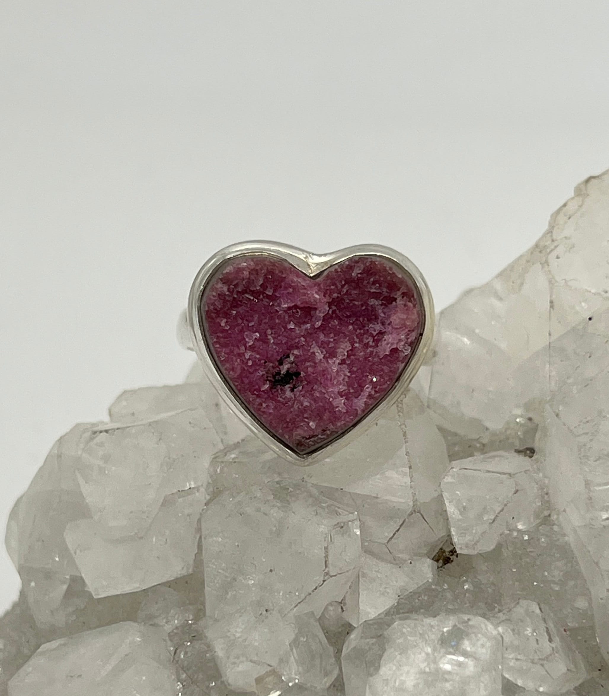 Pink Cobalto Calcite Crystal Heart Ring, Size 9 1/2