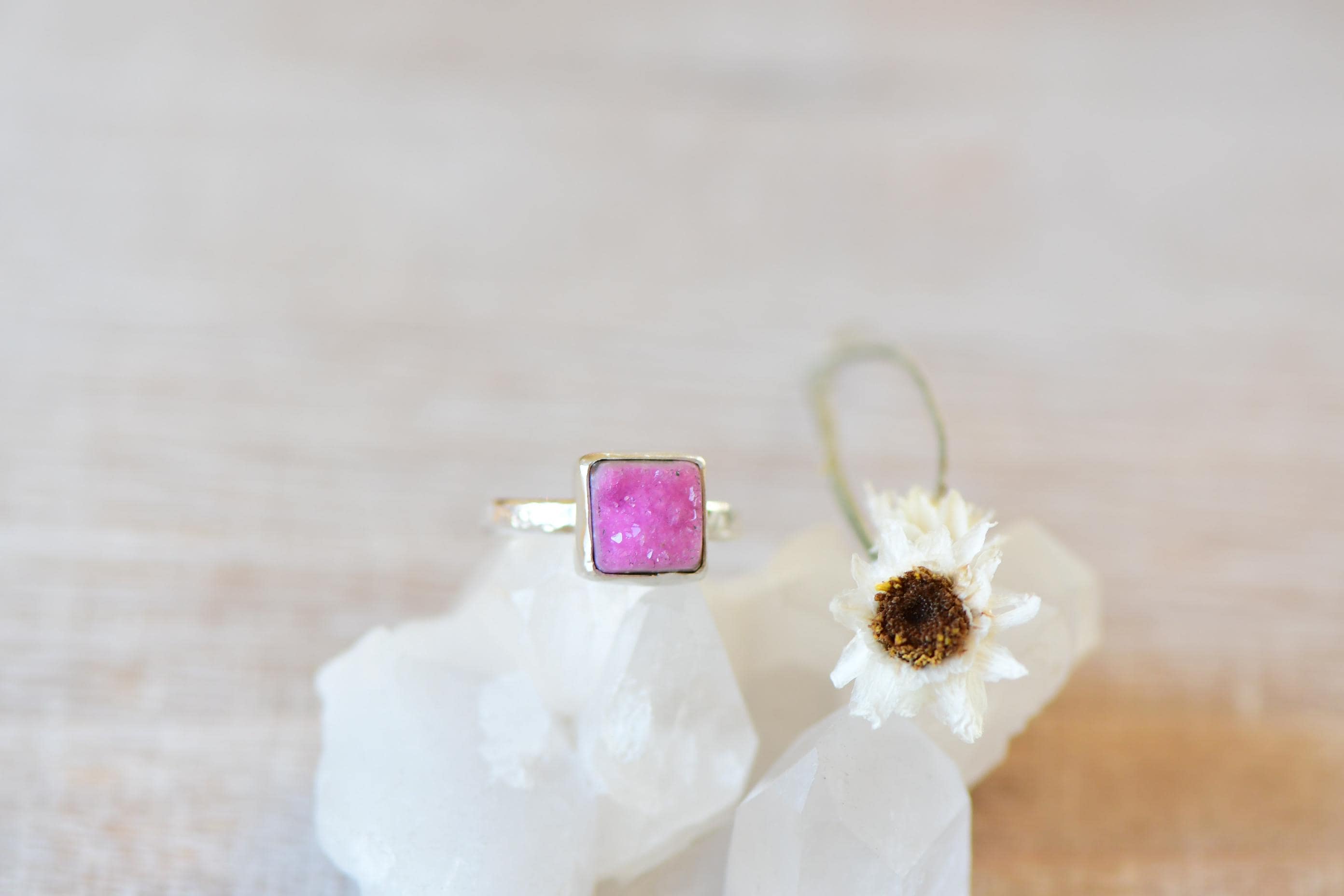 Pink Cobalto Calcite Druzy Ring, Handmade Sterling Silver Hammered Band, Size 6.25