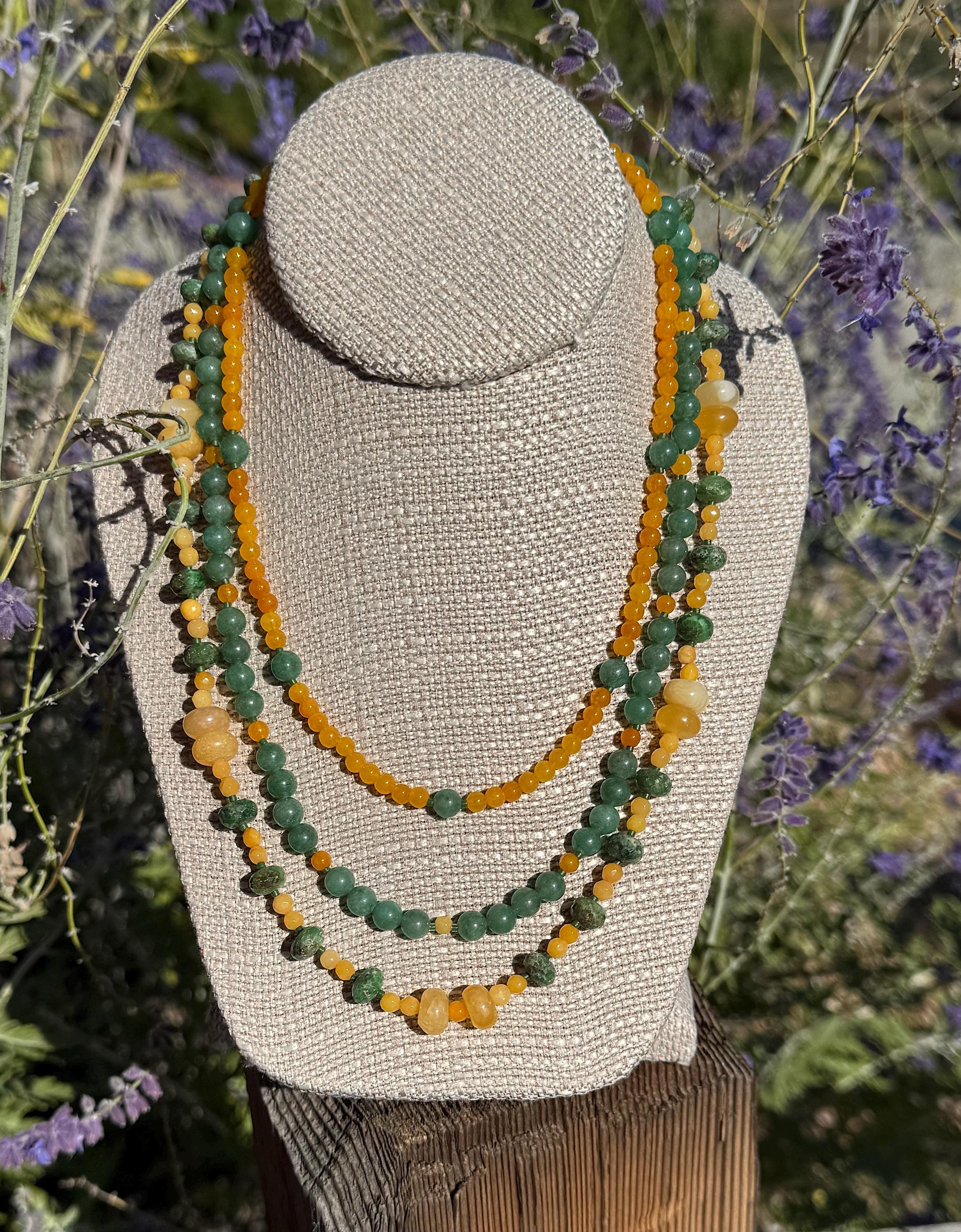 October Aspens, 3 Strand Necklace Of Faceted Chrome Diopside Rondelles, Green Aventurine Rounds And Yellow Calcite. Sterling Silver Clasp October Aspens, 3 Strand Necklace Of Faceted Chrome Diopside Rondelles, Green Aventurine Rounds And Yellow Calcite. Sterling Silver Clasp