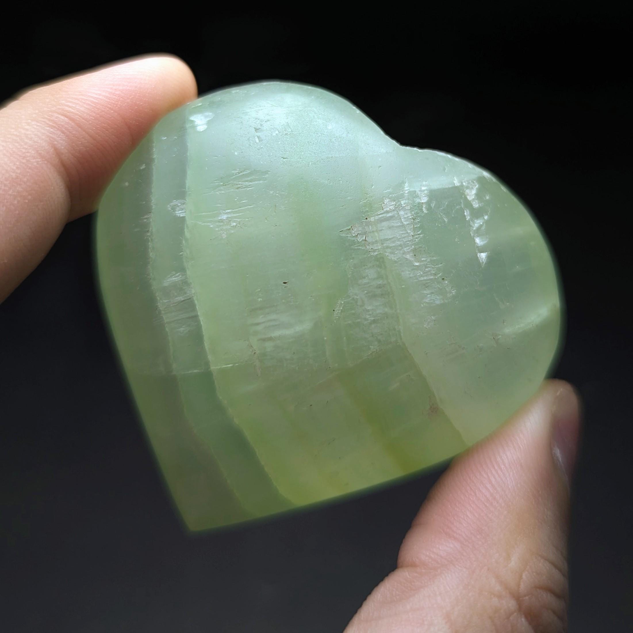 Green Caribbean Calcite Heart Stone: Polished Lustrous Crystal, 130 Grams