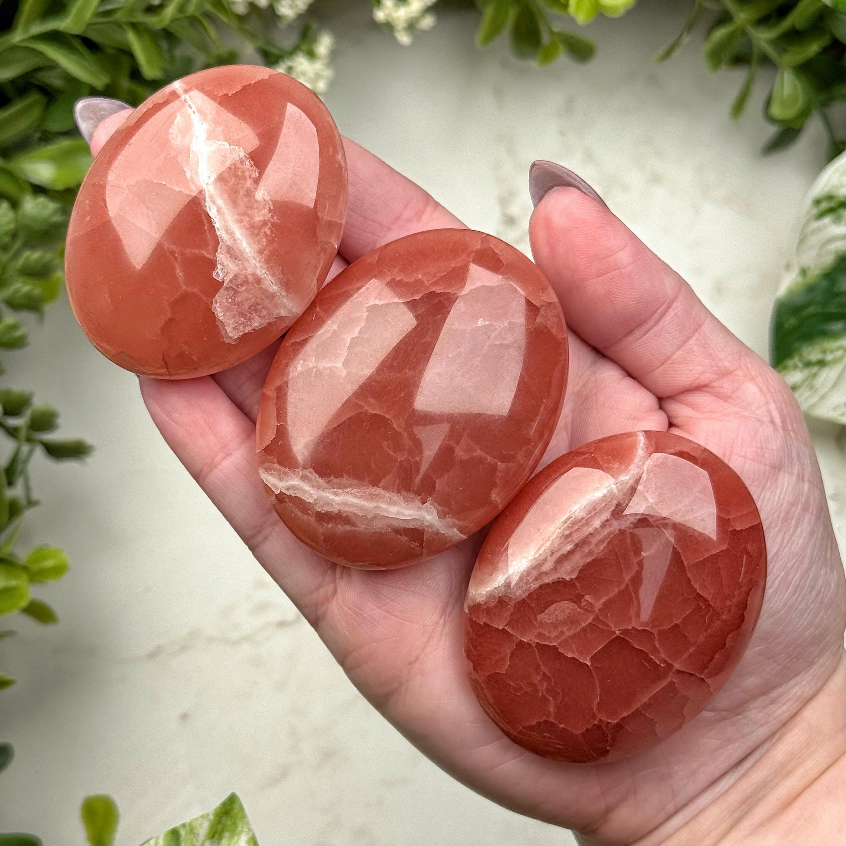 Rose Calcite Palmstone | S, L | - No. 104 (polished Pink Crystal Pocket Stone Palm, Heart Chakra, Love)