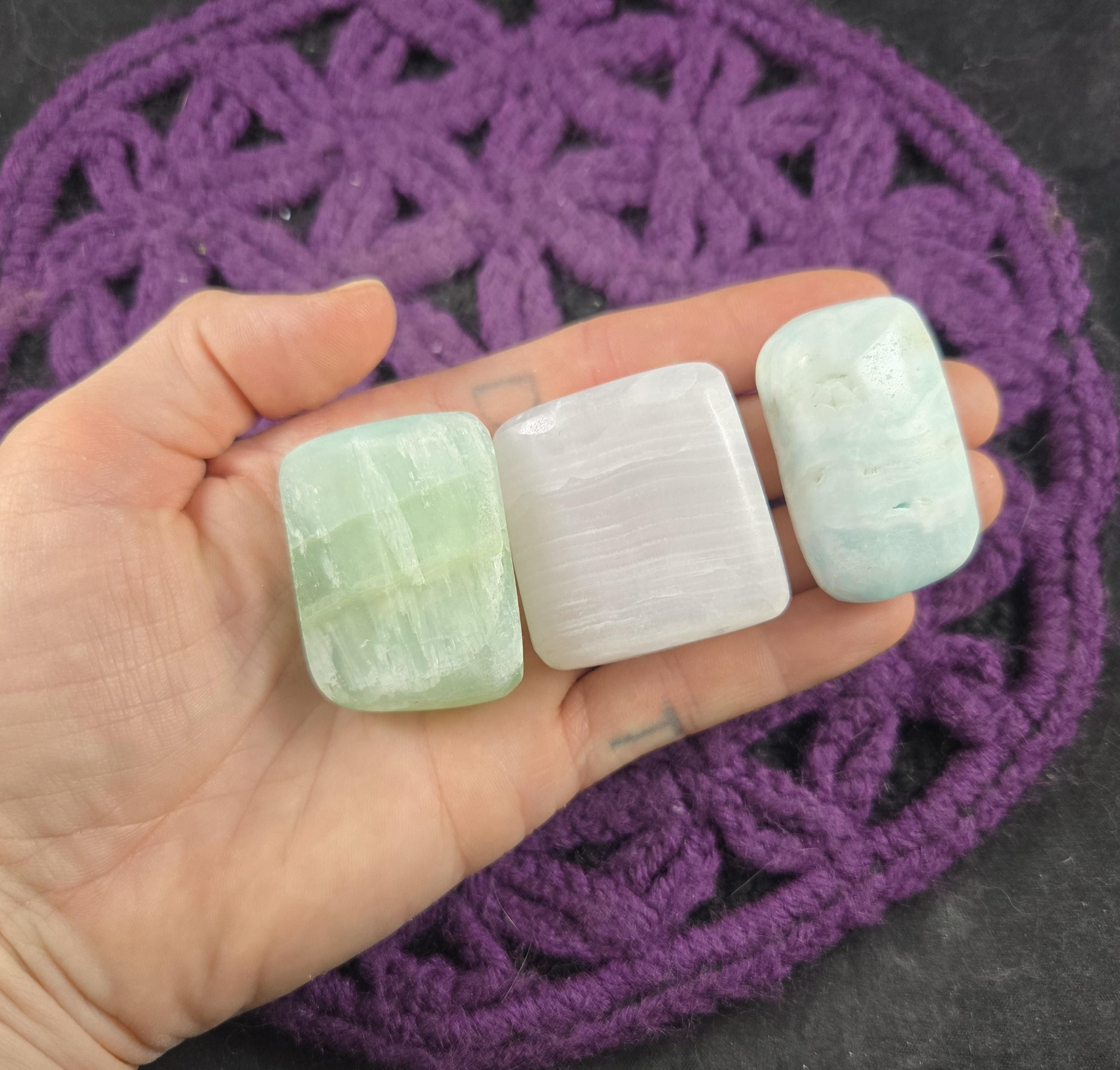 3 Calcite Tumbled Stones Caribbean Blue Mangano Pink Pistachio Green Crystals Polished Pakistan Set Of Three
