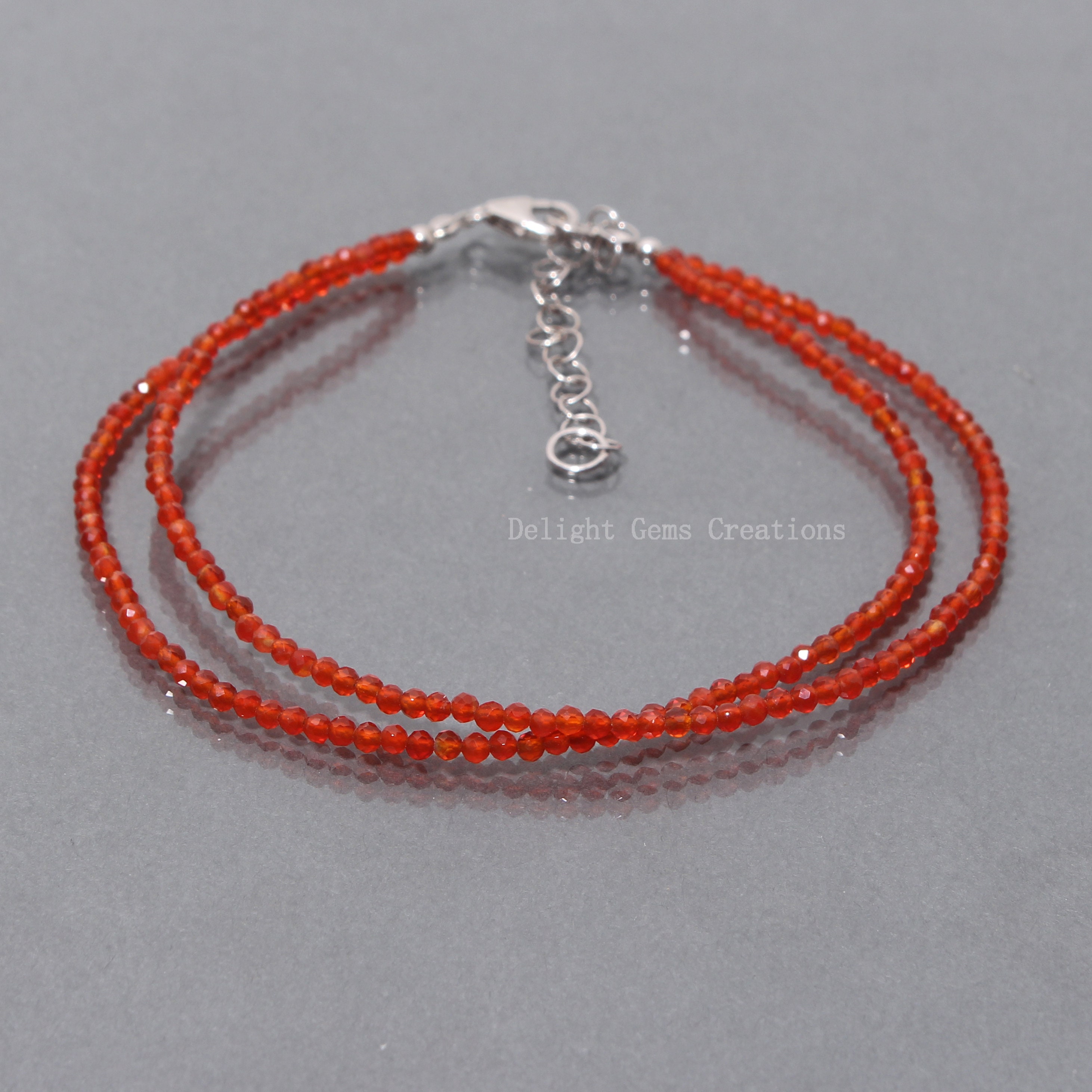 Carnelian Beaded Bracelet, 2mm Micro Faceted Gemstone Round Beads
