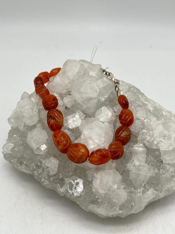 Carved Carnelian Beaded Bracelet- 7-8”