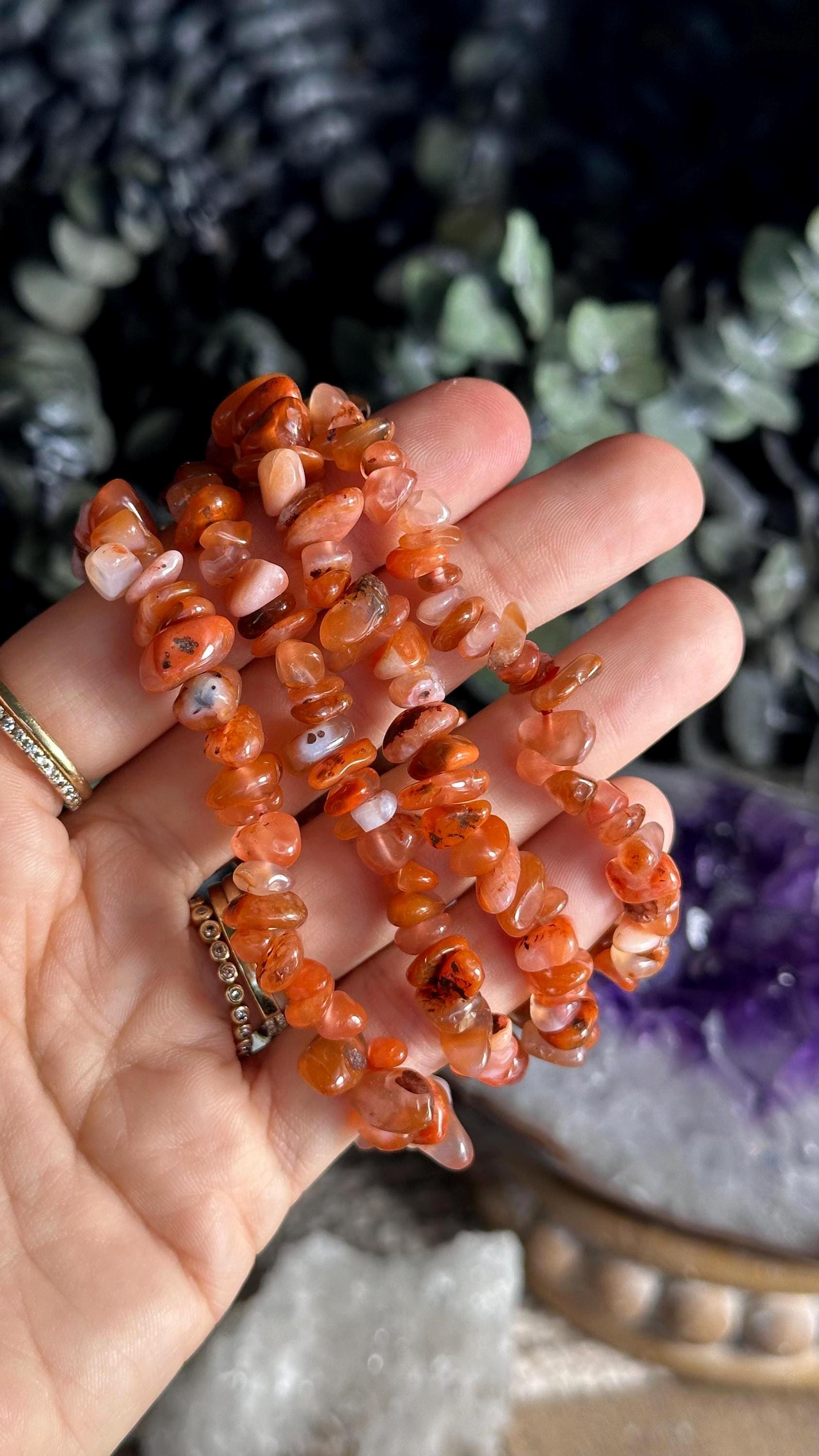 Carnelian Chip Bracelet: Minimalist Boho Crystal Stretch Bracelet Carnelian Chip Bracelet: Minimalist Boho Crystal Stretch Bracelet